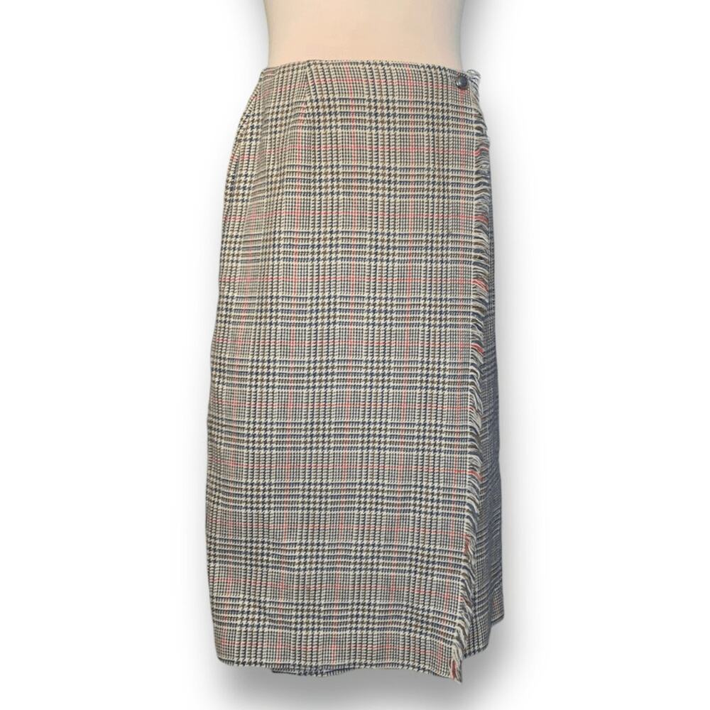 Vintage David Brooks Skirt Tan Houndstooth Plaid Fringe Detail Wool Wrap Maxi
